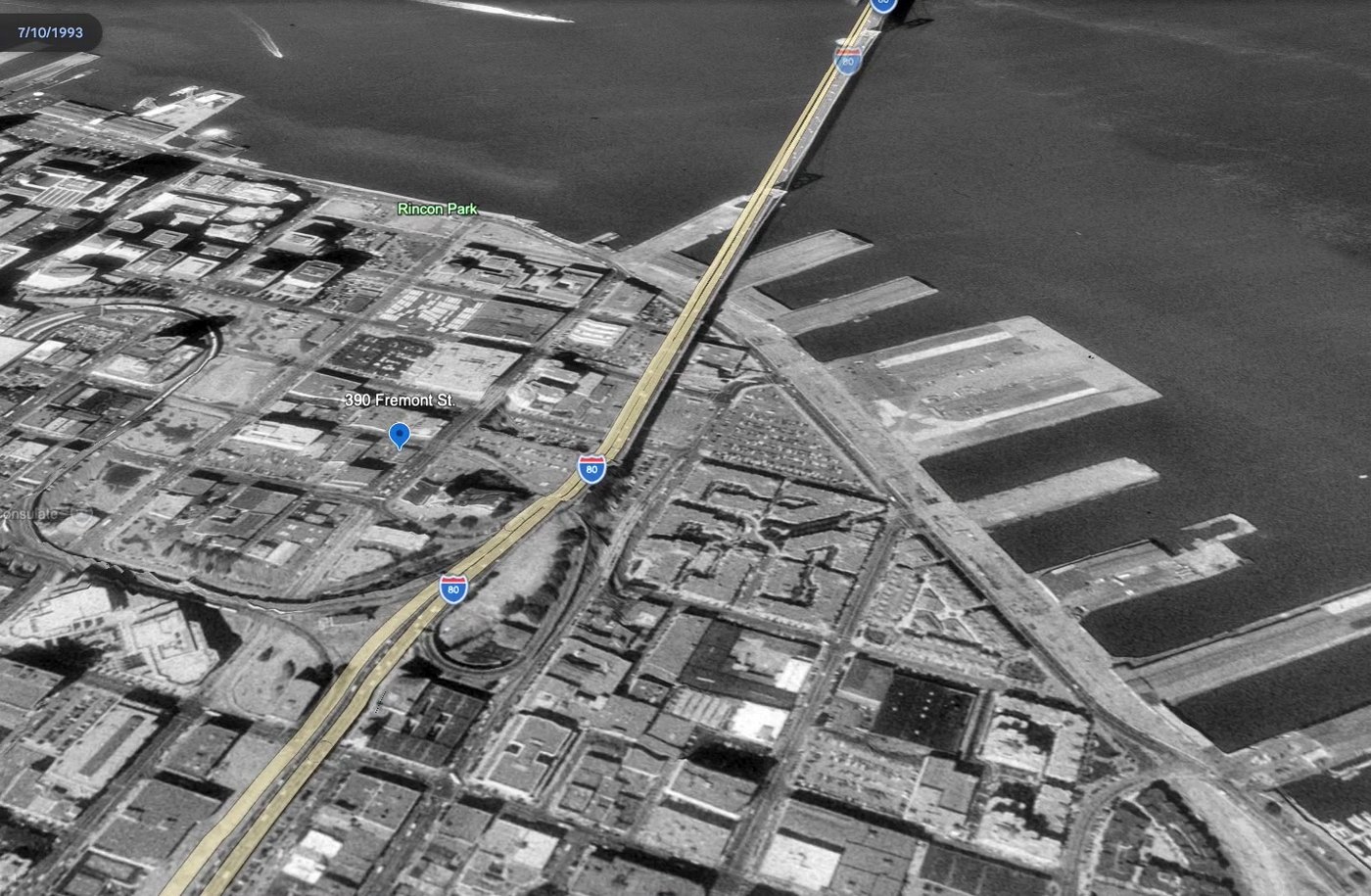 Aerial of Fremont & Harrison in 1993, before the high-rises